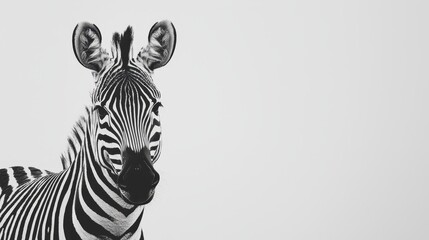 Poster -  a black and white photo of a zebra standing in front of a white background The zebra is standing upright with its head held high and its mane flowing in the wind