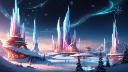 Wall Mural - Stunning image of winter on an alien planet with Christmas atmosphere, sci-fi landscape 