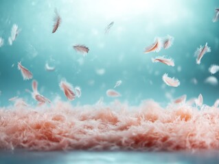 Aufkleber - Soft feathers scatter across a smooth glass surface, highlighted by reflections of blue hues, showcasing their fragile textures and intricate details