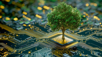 Wall Mural - tree growing from computer circuit board symbolizes nature-technology fusion