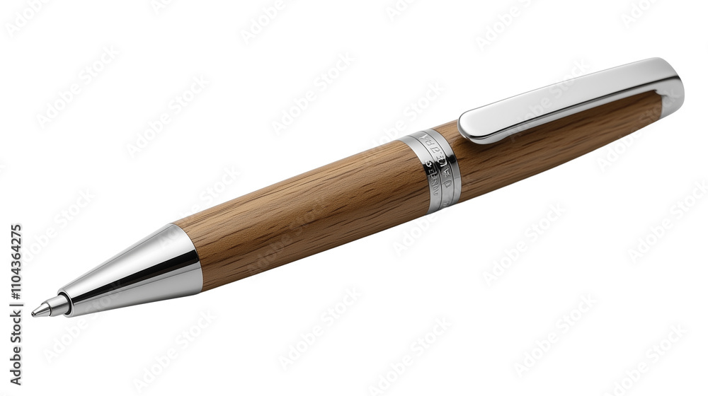 This premium ballpoint pen combines natural wood with polished metal accents for a unique and elegant look. The pen's warm wooden body and sleek design make it a standout writing instrument. Isolated