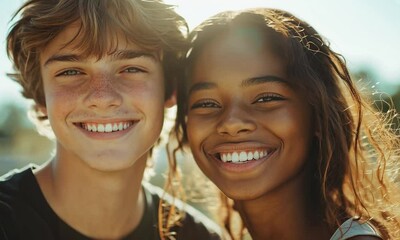 Wall Mural - Joyful young couple smiling in sunlit outdoor portrait, showcasing happiness, friendship, and joy of diverse connections. Their warm expressions radiate positivity and love.