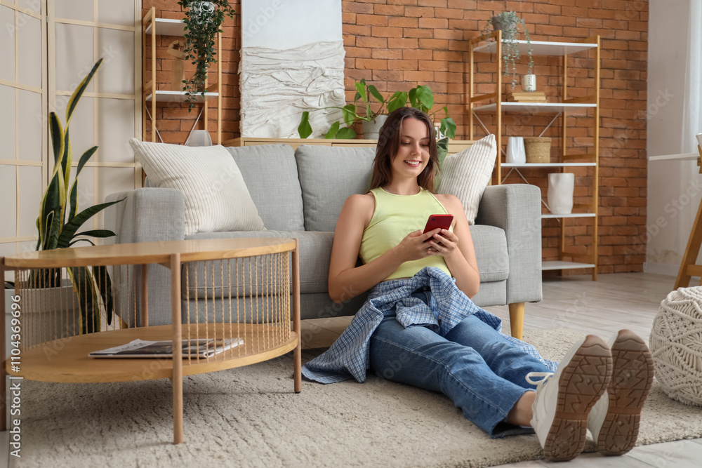 Young woman using mobile phone on floor at home