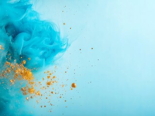 Poster - Blue ink swirls gracefully through water, accented by shimmering gold splashes. This high-end artistic composition features a designated area for additional text