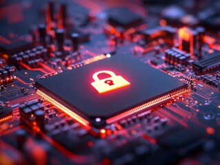 Poster - A glowing lock icon is holographically displayed above a CPU, highlighting the importance of cybersecurity and data protection in modern technology