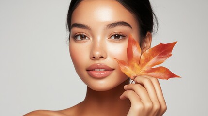 woman with flawless skin holds autumn leaf