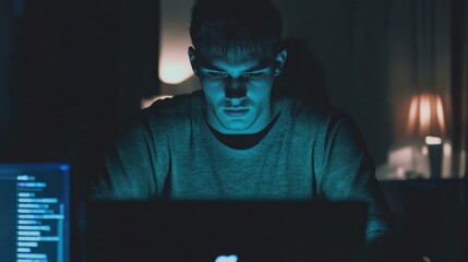 Late Night Coding Session: A Focused Programmer Immersed in His Work