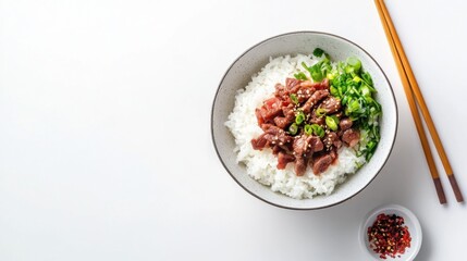 料理デザイン用の白い背景に牛肉とご飯を載せたアジア料理のボウルの航空写真