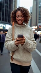 Wall Mural - Young and attractive woman smiling on the street, enjoying urban life while holding her mobile phone.