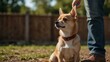 © claudunia - Chihuahua dog sitting for obedience training, gazing up at its owner.