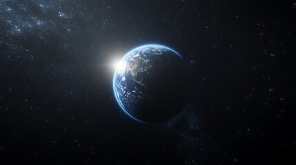 a blue earth with sun rays shining on it against space planet
