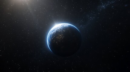 a blue earth with sun rays shining on it against space planet