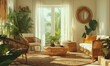 © Valentyna - Bright bohemian-style living room with wicker furniture, plants, and natural decor. Concept of eco-friendly and relaxed interior design