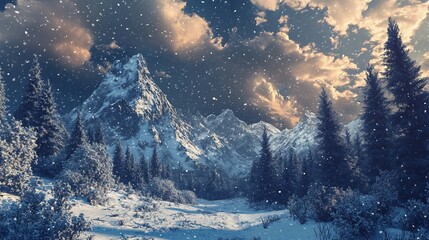 Wall Mural - Snowy mountain peaks with pine trees under a cloudy sky.