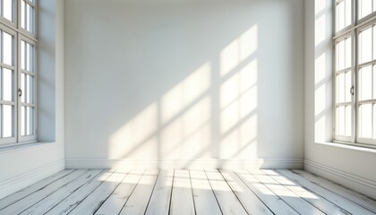 Poster - Empty room with white wooden floor, white walls. Sunlight casts shadows on floor, wall from large windows. Modern interior design in vintage style. Simple clean space. Ideal for presentations,