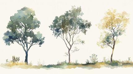 Wall Mural - tree watercolor, side view green painting, set of graphics trees elements outline symbol for archite