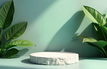 Aufkleber - Empty white rock podium pedestal with tropical green leaf shadows. Natural light creates stylish presentation backdrop. Ideal for product display. Minimalist design. Modern presentation. Eco-friendly