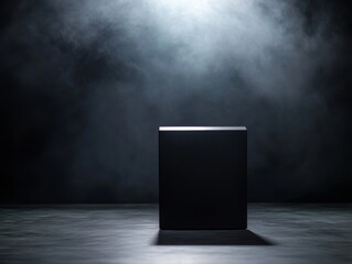 Poster - A sleek black podium stands prominently under a bright spotlight amidst a dark studio, featuring textured surfaces in the background. The dramatic lighting enhances the minimalist aesthetic