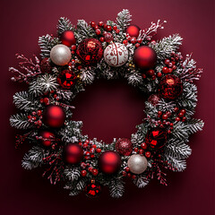 Wall Mural - beautiful Christmas wreath adorned with red and silver ornaments, showcasing festive decorations and snowy accents, perfect for holiday cheer