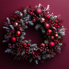 Wall Mural - beautiful Christmas wreath adorned with red ornaments, berries, and frosted greenery, perfect for festive decor