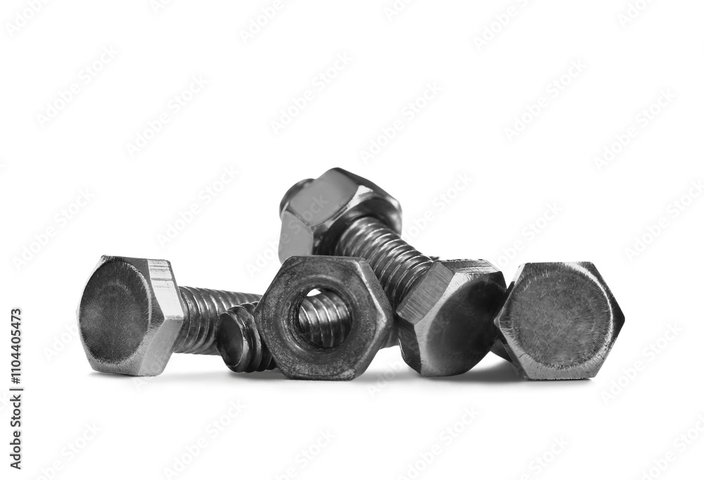 Heap of tap bolts with nuts on white background