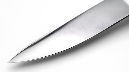 realistic close-up of a stainless steel chef’s knife with a sharp blade and ergonomic handle on a wh