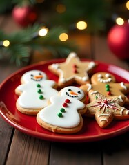 Close-up of an assortment of Christmas cookies with a background of a snowy window and warm, glowing candles, creating a festive holiday atmosphere., snowing outside the window