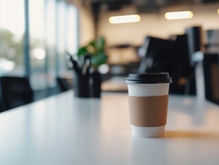 Aufkleber - This modern workspace highlights a clean white desk adorned with a potted plant, a coffee cup, and neatly arranged office supplies, emphasizing simplicity and productivity