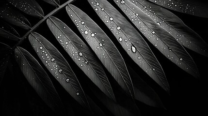 Wall Mural -   A monochrome image of a leaf with water droplets, set against a dark backdrop
