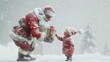© Raziq.Ai - Animated Santa Claus giving a gift to a child dressed in winter clothes, both smiling brightly, with a snowy white ground and a light gray solid background