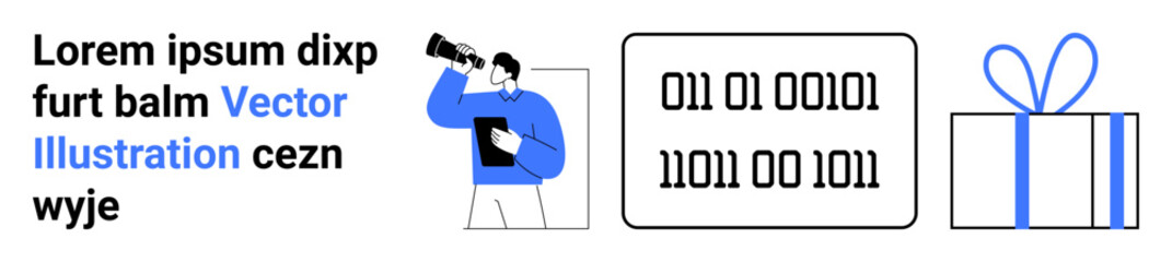 Person holding clipboard, looking through binoculars, binary code on screen, gift box with ribbon. Ideal for tech, surveillance, analysis, coding, cryptography data security information technology