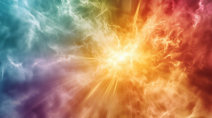 Wall Mural - Multicolored explosion of fog, penetrated by rays of yellow light. on a white background.