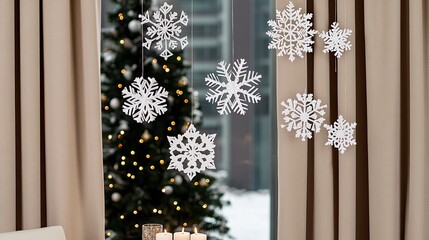 Wall Mural - Hanging paper snowflakes create a festive atmosphere in a cozy space adorned with a Christmas tree and candles glowing softly in natural light