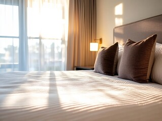 Poster - Morning sunlight streams into a tranquil bedroom, illuminating plush bedding and creating soft shadows, inviting relaxation and calmness throughout the space