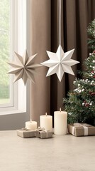 Wall Mural - Hanging paper snowflakes create a festive atmosphere in a cozy space adorned with a Christmas tree and candles glowing softly in natural light