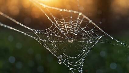 Close-up of a spider web with dewdrops reflecting the sunrise.