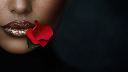 Wall Mural -   A woman with a red flower in her mouth against a black background