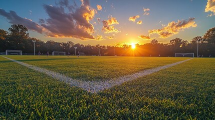 Wall Mural - Sunset over a soccer field with players.