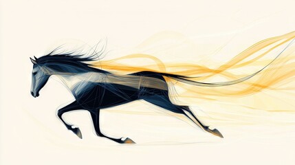 Sticker -   A horse gallops through the sky with yellow stripes on its face and tail, appearing black and white in this photo