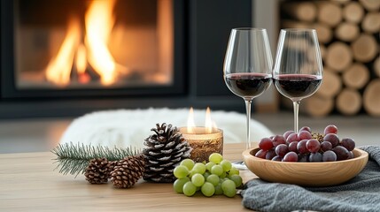 Canvas Print - Soft lighting enhances the cozy living room ambiance with wine glasses, grapes, and festive decor, perfect for Christmas gatherings