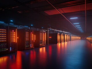 Aufkleber - A wide-angle view showcases a high-tech data center filled with rows of servers and network equipment, all illuminated by vibrant blue LED lights, highlighting its advanced infrastructure