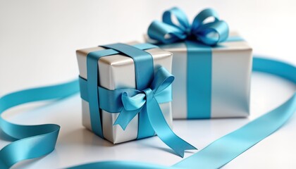 Wall Mural - Two silver gift boxes beautifully wrapped with light blue ribbons, bows. Presents ready for special occasion. Festive, celebratory scene. Gifts symbolize joy, surprise. Suitable for Father Day,