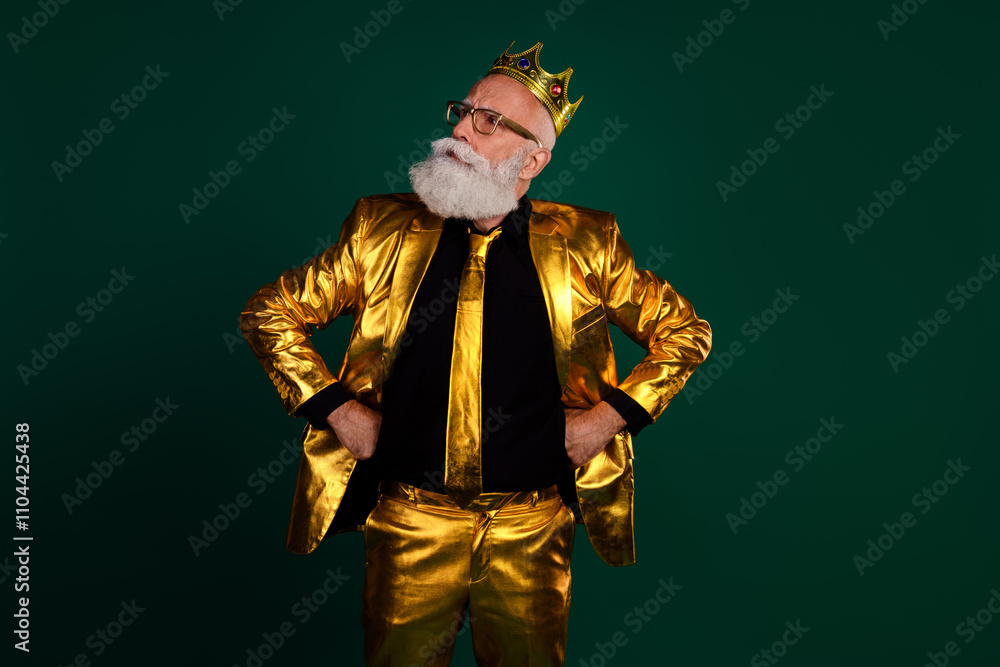 Charismatic elderly man in glowing golden suit, wearing a crown ...