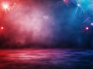Aufkleber - Celebratory fireworks burst in vibrant red and blue across a night sky, creating a festive atmosphere ideal for Fourth of July or other events. Copy space available on the right