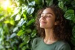 © Neural Pixels - A young woman stands in front of vibrant green foliage, visibly relaxed and at peace, enjoying nature