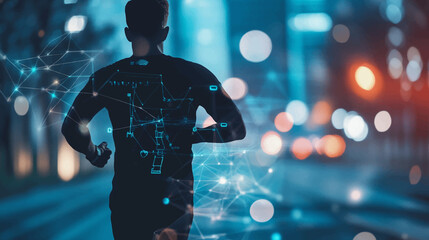 Blurry background featuring a silhouette of a running man alongside wearable technology including a fitness tracker, smartphone, heart rate monitor, and smartwatch.
