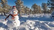 © Elshad Karimov - A cheerful snowman decked out in a hat and scarf stands tall amidst a snowdrift. Behind him, a serene forest stretches out beneath a crystal-clear sky, completing the wintery tableau.
