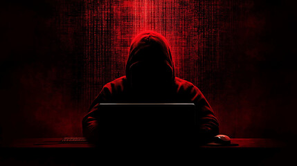 Cybercrime, hacker and thinking at computer for virus, overlay and futuristic at desk. Male criminal, hoodie and ready for coding, cyber attack and programming for malware with tech, scam and data