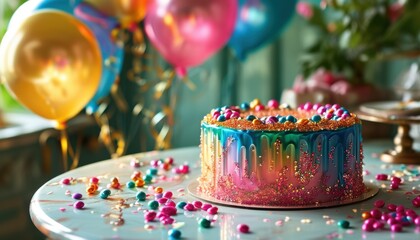 Vibrant birthday celebration with colorful cake and balloons, perfect for party invites