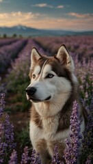 Wall Mural - Close-up of Siberian Husky in a lavender field.